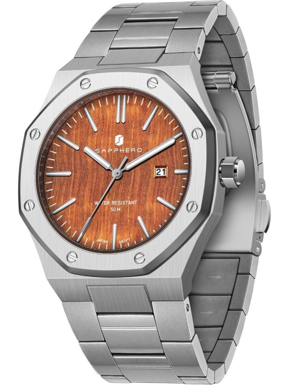 Men's Silver Strap Brown Face Stainless Steel Octagonal Date Quartz Wrist Watch
